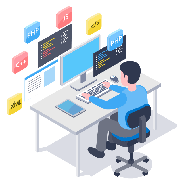 gif animado de programador con varios lenguajes encima suyo, php, js, html...