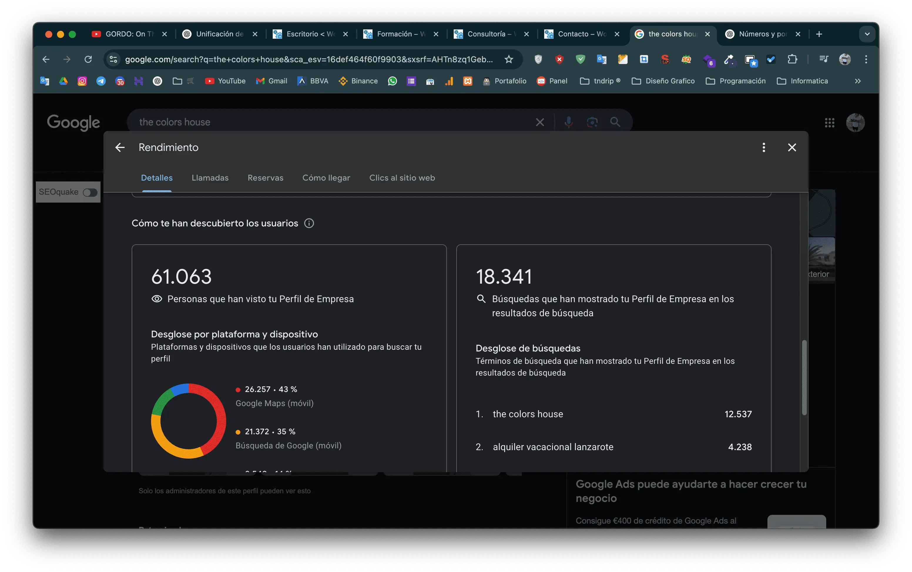Resultados de visibilidad de The Colors House en Google Business Profile